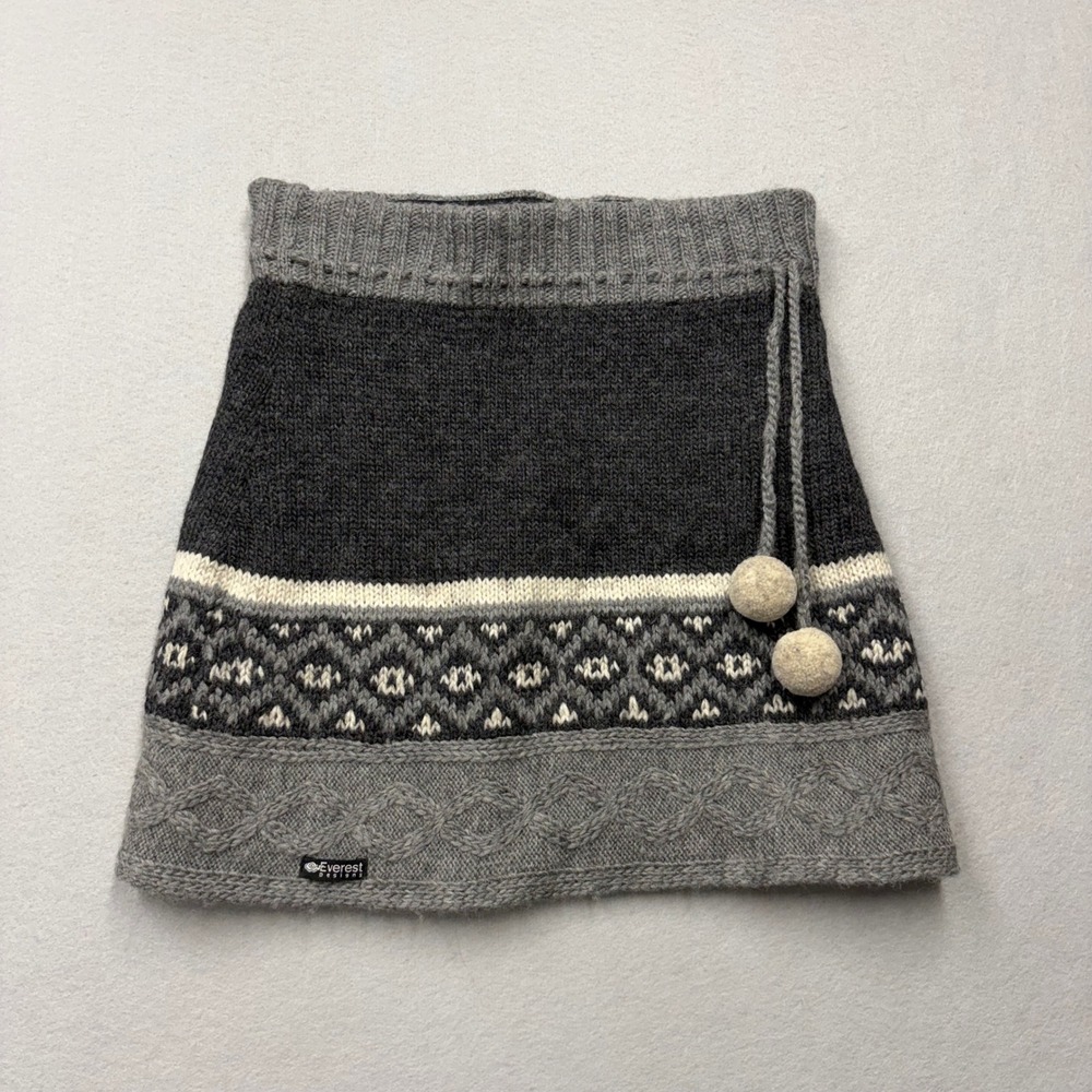 Everest Designs Mini Skirt Women S/M Gray Wool Fair Isle Pom Pom Nepal Hand Made